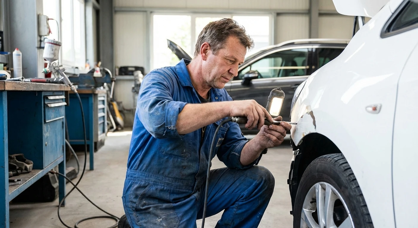 Photographie réaliste d'un artisan carrossier au travail dans son atelier, photographié de façon authentique et naturelle en train de réparer ou d'inspecter un véhicule endommagé. L'homme doit porter une tenue de travail pratique (combinaison ou bleu de travail), dans un environnement professionnel qui reflète une véritable carrosserie : outils visibles, établi, véhicule en cours de réparation. La scène doit transmettre la confiance, le savoir-faire et l'engagement personnel d'un professionnel expérimenté. Pas de sourire forcé, pas de mise en scène artificielle, une photographie authentique du travail artisanal.
