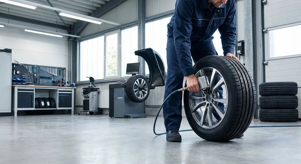 Un mécanicien en tenue professionnelle (combinaison blanche ou bleu marine) dans un atelier automobile bien équipé, en train de monter un pneu sur la roue d'une voiture avec des outils professionnels (cric, clé pneumatique). Le focus doit être sur la précision et la méthode du travail, montrant l'équilibreuse de pneus en arrière-plan, un établi organisé avec les pneus et l'équipement de montage visible. La scène transmet le sérieux, la rigueur et la qualité du service, avec un éclairage clair et professionnel d'atelier.