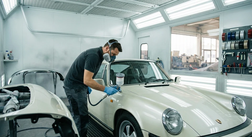 Photographie en intérieur d'un atelier de carrosserie professionnel, montrant un carrossier-peintre en train d'appliquer ou de finaliser une peinture automobile sur la carrosserie d'une voiture de couleur claire, dans un environnement d'atelier avec équipement de pulvérisation. L'image doit mettre l'accent sur le savoir-faire artisanal, la rigueur et la précision du travail de peinture automobile exécuté par un professionnel.