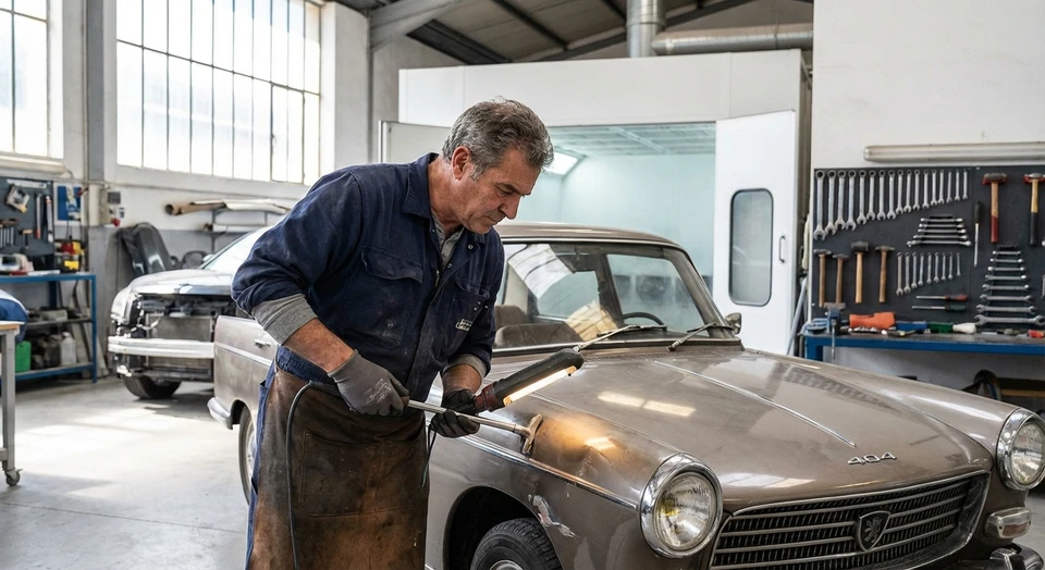 Photographie d'un artisan carrossier d'âge mûr, portant des habits de travail professionnels (combinaison ou tablier), inspectant et travaillant sur la carrosserie d'une voiture avec des outils à la main ou examinant les dégâts de carrosserie avec attention. L'artisan doit avoir une expression concentrée et professionnelle, montrant son expertise et sa passion pour son métier. Arrière-plan montrant l'atelier de carrosserie avec l'infrastructure professionnelle visible. L'image doit transmettre la confiance, l'expérience et l'approche personnalisée.