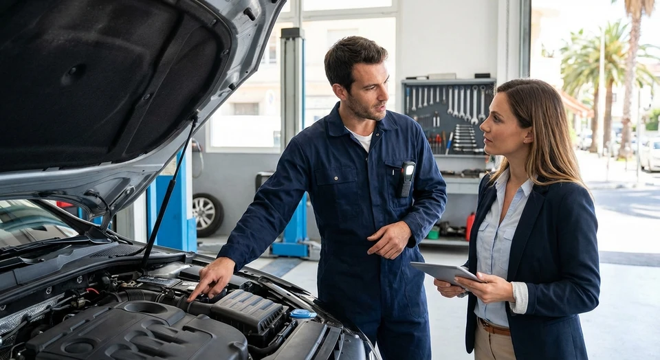 Un mécanicien ou carrossier en tenue professionnelle (combinaison ou chemise) expliquant ou montrant les réparations/travaux effectués sur une voiture à un client dans l'atelier. La scène doit montrer une interaction professionnelle et honnête, avec le professionnel pointant ou inspectant des éléments du véhicule, transmettant clarté et transparence dans le diagnostic. L'environnement doit être un véritable atelier automobile avec outils et équipements visibles, dans un cadre réaliste et professionnel.