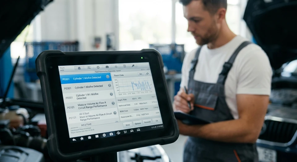 Gros plan sur l'écran d'une valise diagnostic automobile affichant des codes défauts détaillés et des données techniques de véhicule, avec en arrière-plan flou un mécanicien en combinaison de travail consultant l'écran. L'image doit montrer clairement l'interface de diagnostic et le contexte professionnel de réparation automobile.