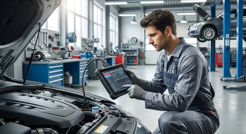 Mécanicien qualifié en atelier automobile utilisant un équipement de diagnostic électronique professionnel connecté à un véhicule. Le diagnostic scanner est branché sur le port OBD du véhicule. Le mécanicien porte des vêtements professionnels (salopette ou combinaison de travail) et examine l'écran du diagnostic qui affiche les codes de panne. L'arrière-plan montre un atelier bien équipé avec des outils et l'ambiance professionnelle d'une réparation automobile.