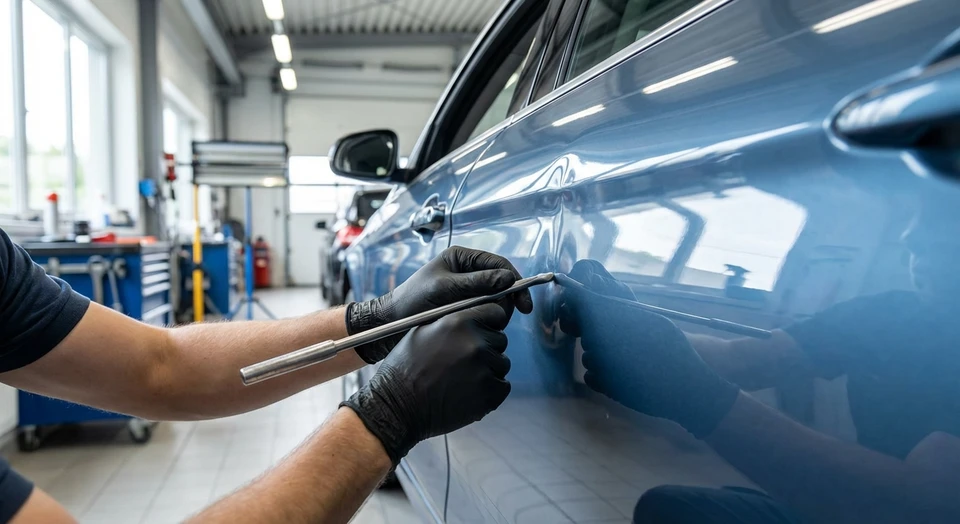 Gros plan détaillé montrant les mains d'un carrossier professionnel utilisant un outil de débosselage spécialisé sur une zone de carrosserie endommagée d'un véhicule (bosse visible). La carrosserie du véhicule occupe l'essentiel du cadre, l'outil entre les mains du professionnel travaillant précisément sur la bosse. Atelier de carrosserie professionnel en arrière-plan légèrement flou. Éclairage naturel ou professionnel mettant en évidence le détail du travail. L'image doit communiquer la précision, le professionnalisme et la technique du débosselage sans peinture.